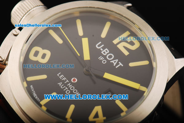 U-Boat Italo Fontana Left Hook Automatic Movement Steel Case Yellow Markers with Black Dial and Black Leather Strap - Click Image to Close